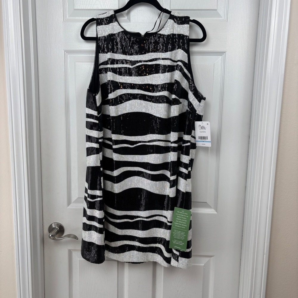 Bob Mackie Black Ivory Sequin Wavy Stripe Shift Dress Formal Holiday Size 20 NEW